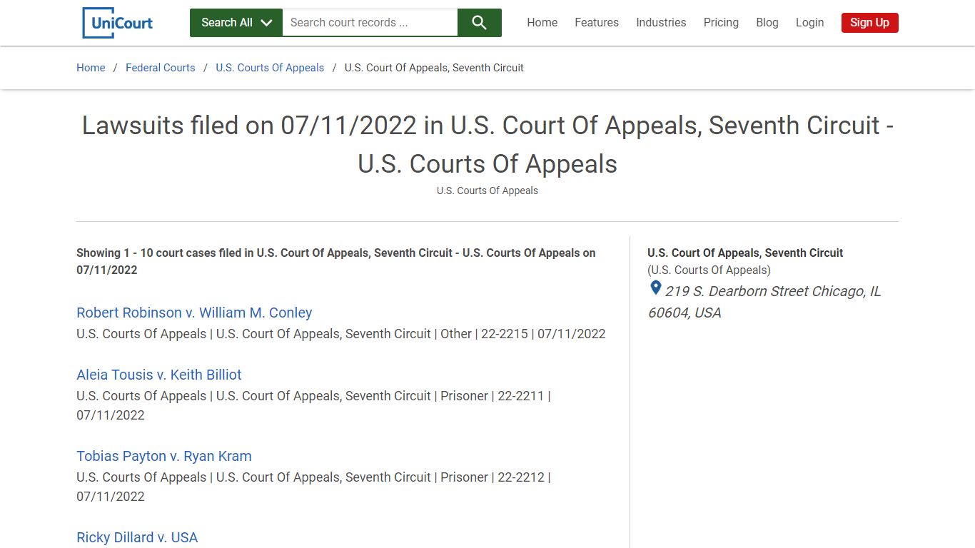 Lawsuits filed on 07/11/2022 in U.S. Court Of Appeals, Seventh Circuit ...